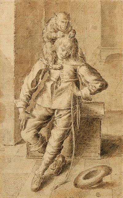 A Cavalier with a Monkey by Gottfried Libalt
